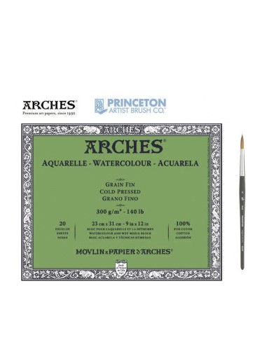 Bloc Arches Acuarela Grano Fino y Pincel 20 H 300 gr