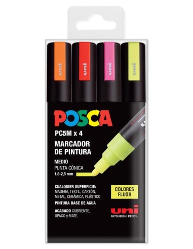 Caja Rotuladores Posca PC5M Colores Flúor 4 Unidades