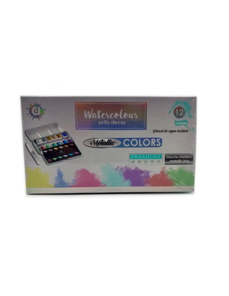Set 12 Acuarelas Artis Decor 1/2 Godet Colores metálicos (Caja Metálica)