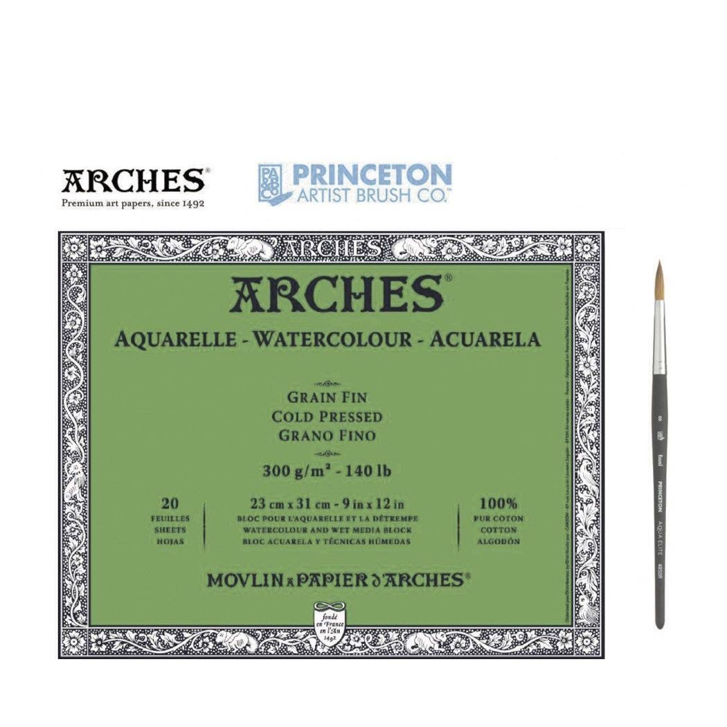 Bloc arches acuarela grano fino y pincel 20 h 300 gr
