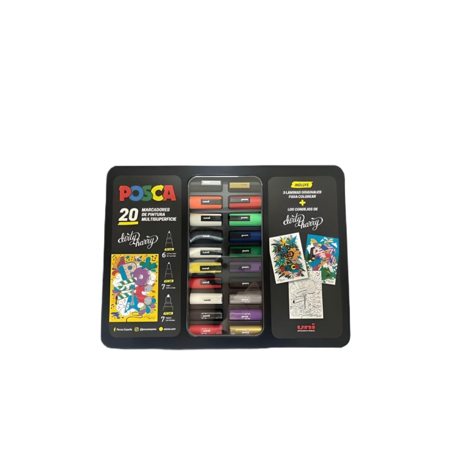 Caja maleta metalica posca 20 unidades rotuladores de colores surtidos