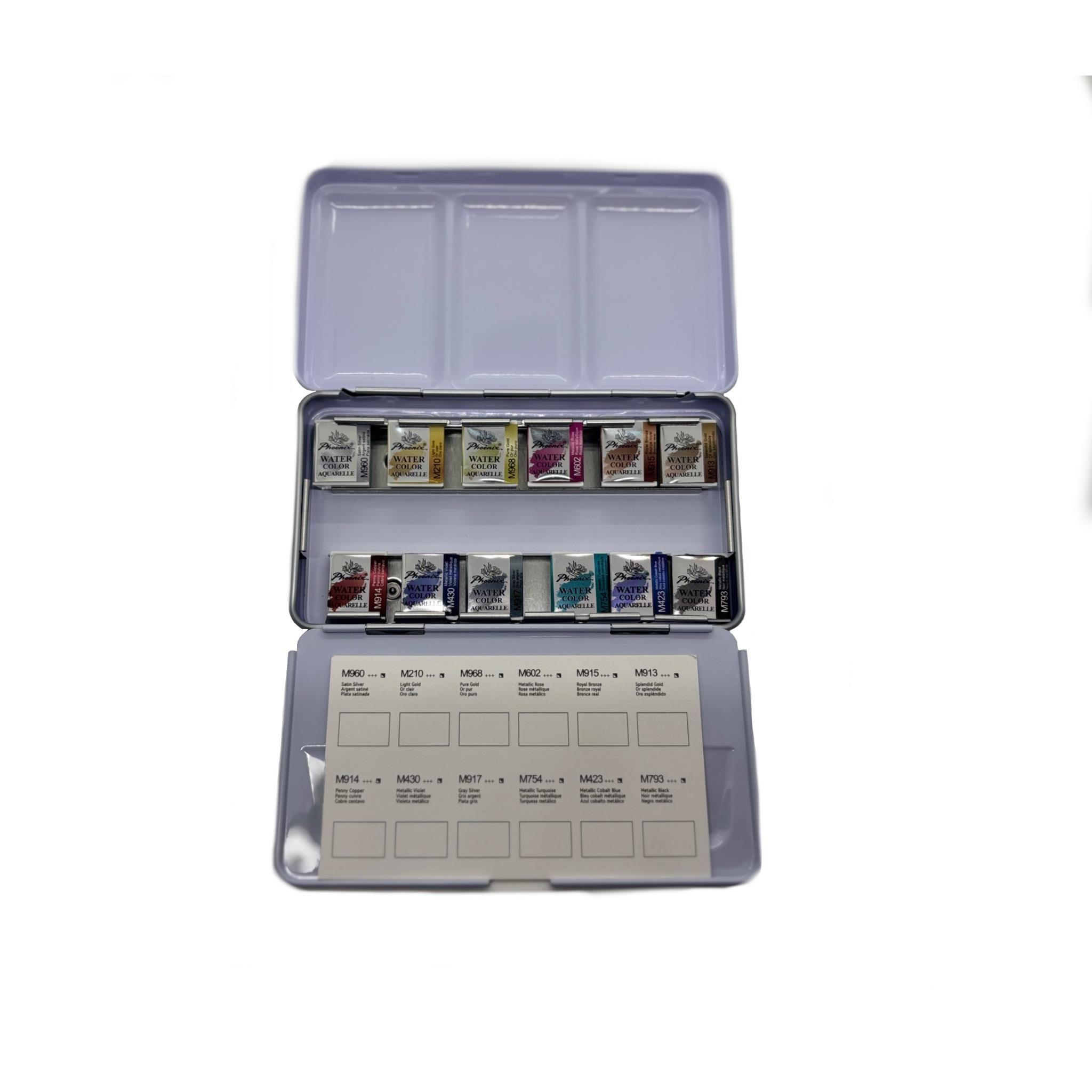 Caja metalica phoenix 12 acuarelas colores metalizados