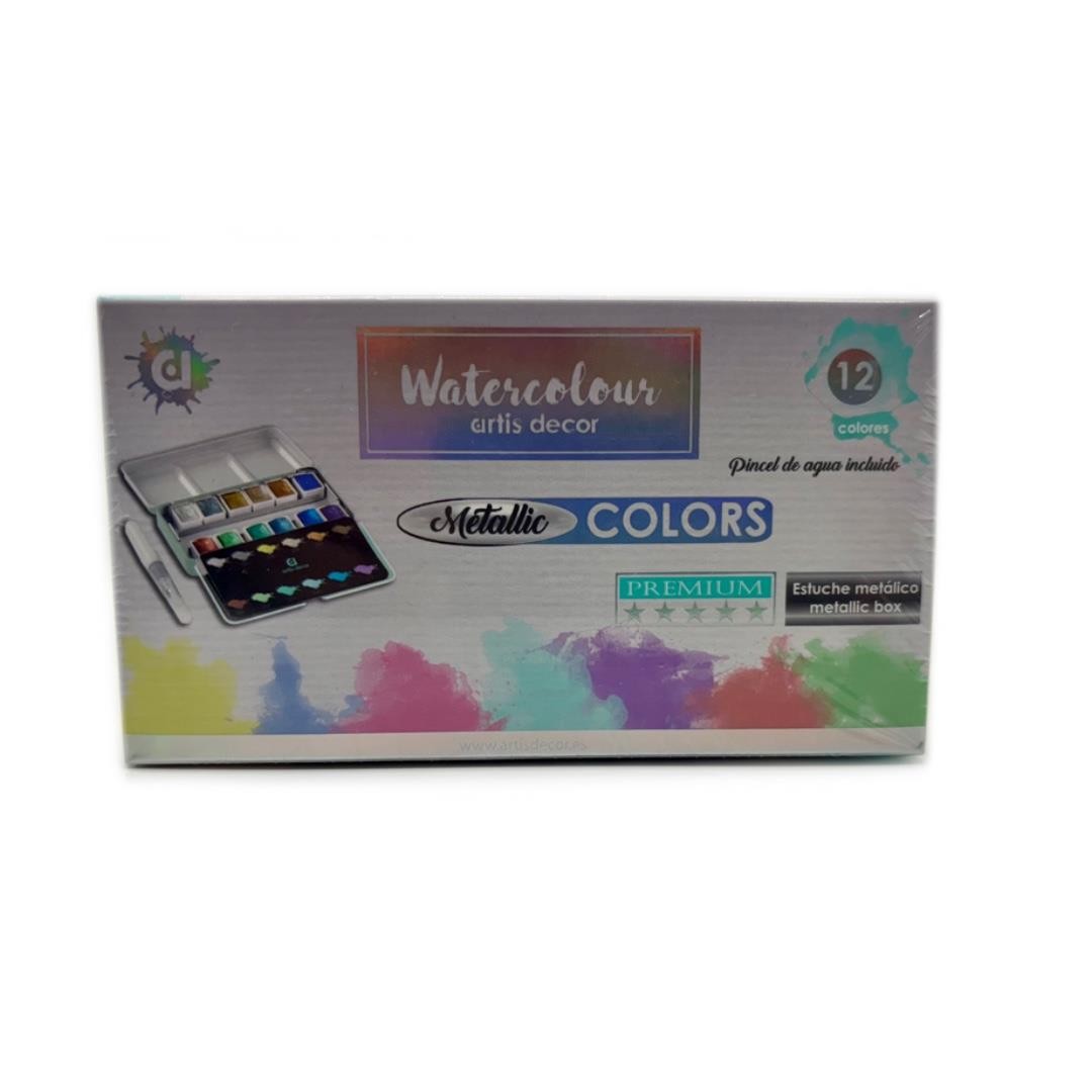 Set 12 acuarelas artis decor 1-2 godet colores metalicos caja metalica